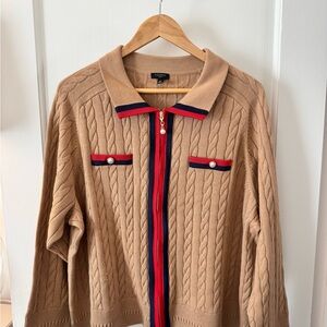 Talbots Camel Cable Knit Cardigan with Navy and Scarlet Accents